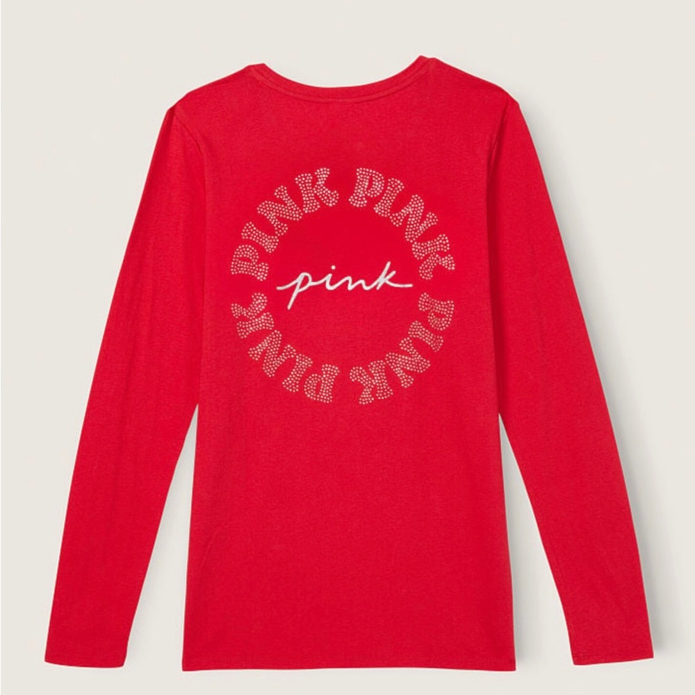 ⭐️NWT VICTORIA SECRET/PINK LONG-SLEEVE CREW TEE-RED PEPPER SHINE—SIZE LARGE🌶